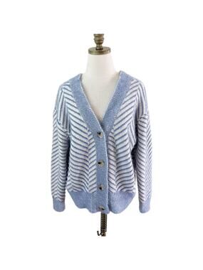 FRNCH Blue/White Herringbone Cardigan Size S/M V-Neck Button Up Oversized Fit